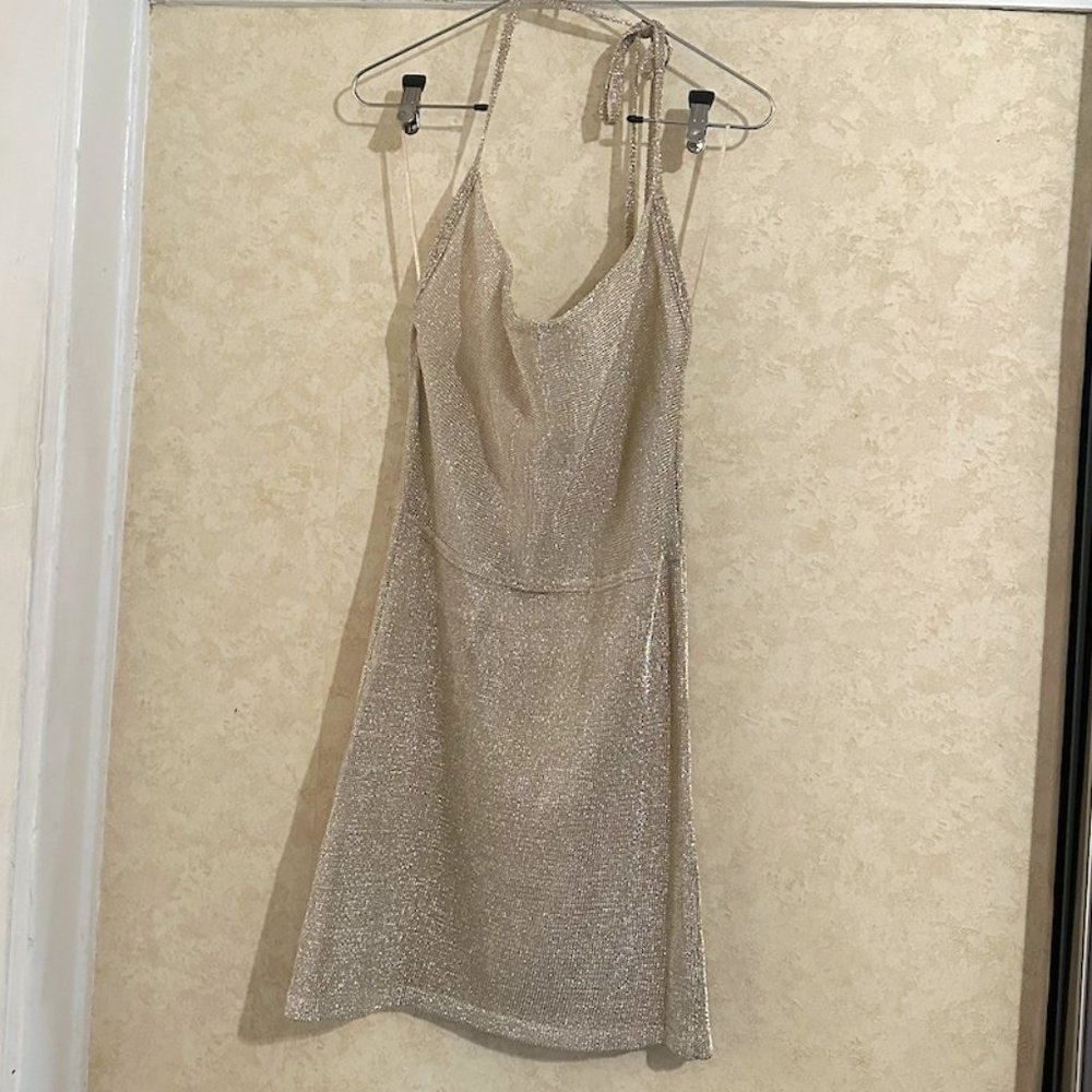 Gold Shimmer Halter Cowl Neck Mini Dress